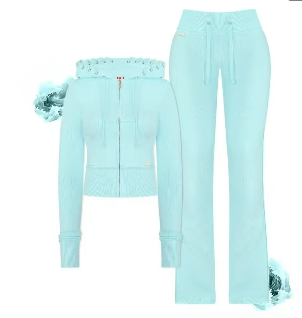 Women's Short Zip-Up Hoodie and Flared Pants Two-Piece Set teemdrop
