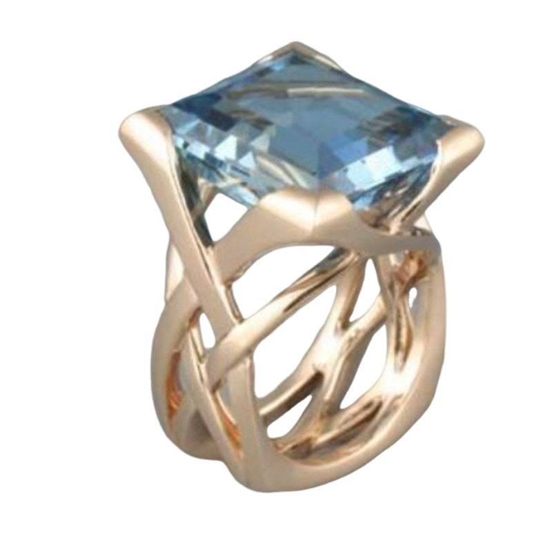 Gold Hollow Geometric Ring with Square Blue Zircon Inlay for Unisex