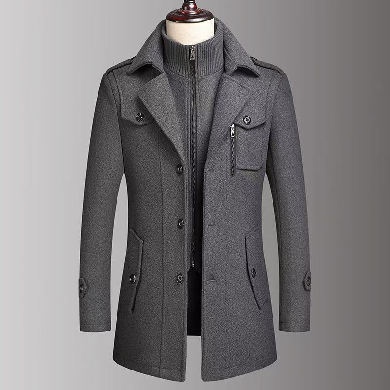 Men's Warm Double-Collar Woolen Coat with Loose Fit and Zip Closure teemdrop