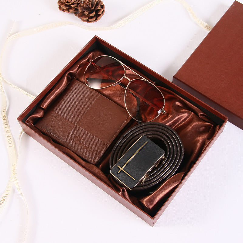 Men's Leather Wallet and Belt Gift Set with Sunglasses in a Gift Box