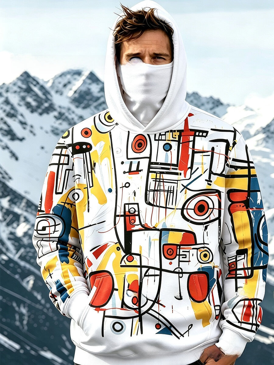 Men's outdoor plant-print pullover hooded sweatshirt with loose fit top body