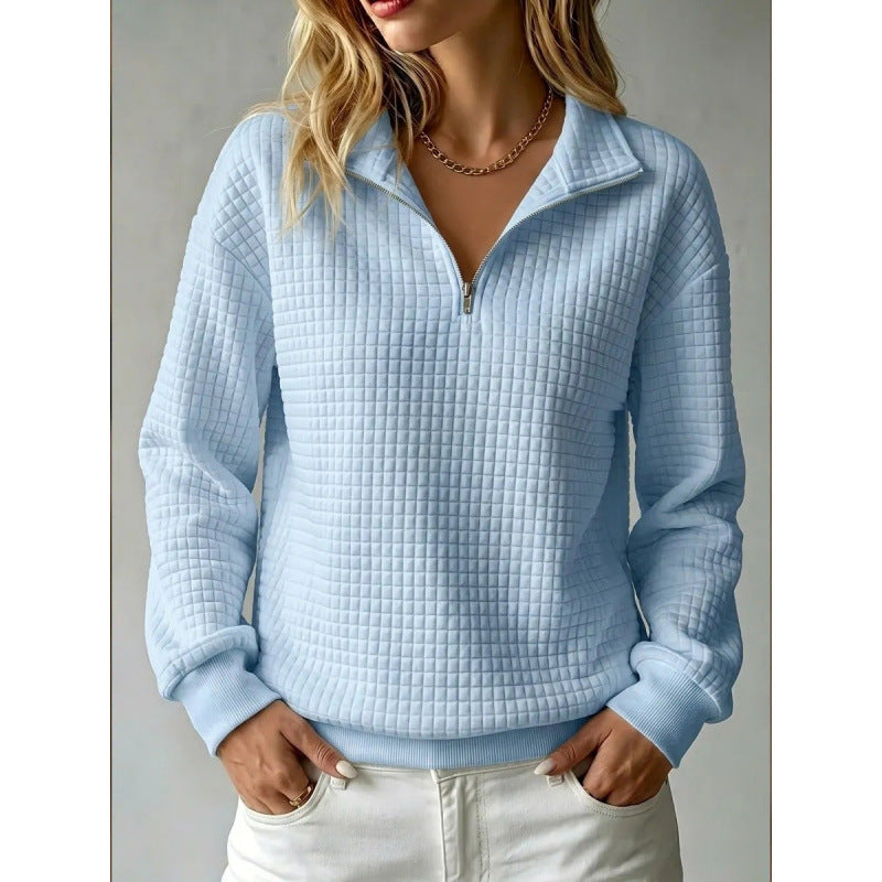 Women's Solid Color Waffle Knit Stand Collar Zipper Long Sleeve Loose Sweatshirt teemdrop