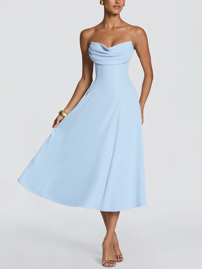 Women's Strapless Pleated Lace-Up A-Line Maxi Dress teemdrop