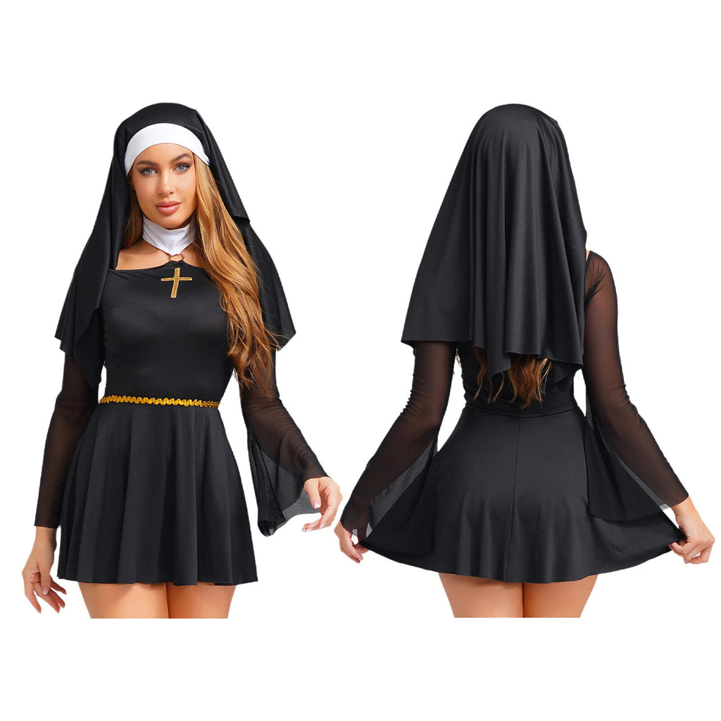 Women's Nun Costume Dress with Headscarf for Halloween Stage Performance