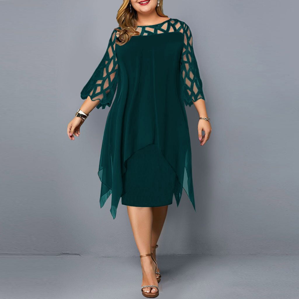 Women's Elegant Lace Patchwork Chiffon Dress with 3/4 Sleeves and Irregular Hem teemdrop