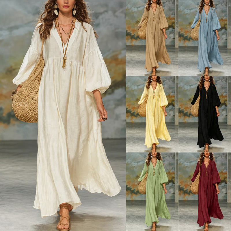 dress women's cotton and linen deep V lantern sleeves teemdrop