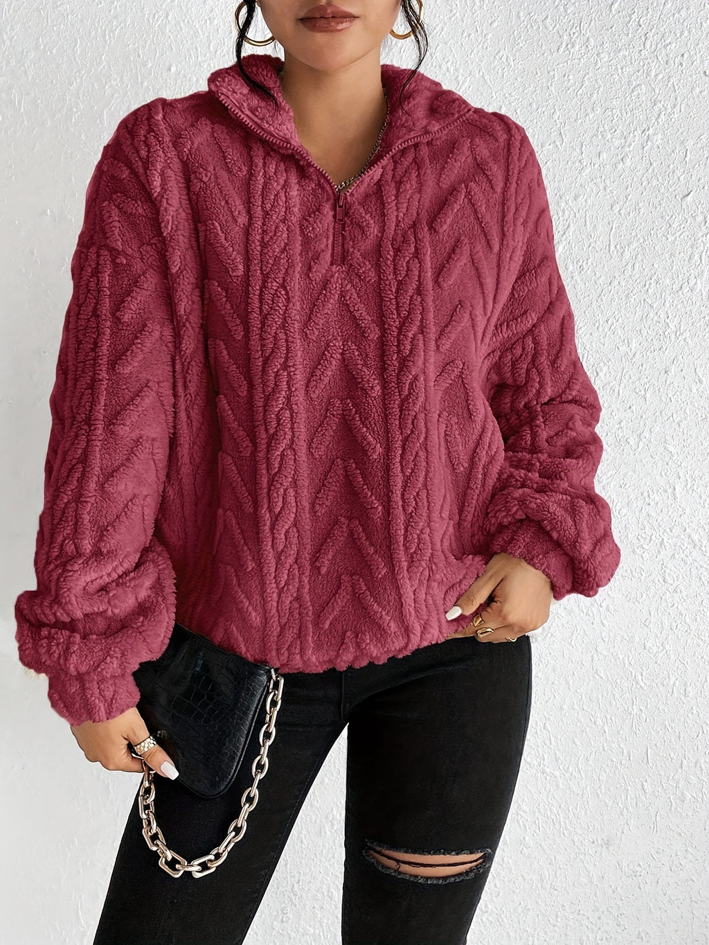 Women's Double-Sided Plush Flower Casual Zipper Pullover Top teemdrop