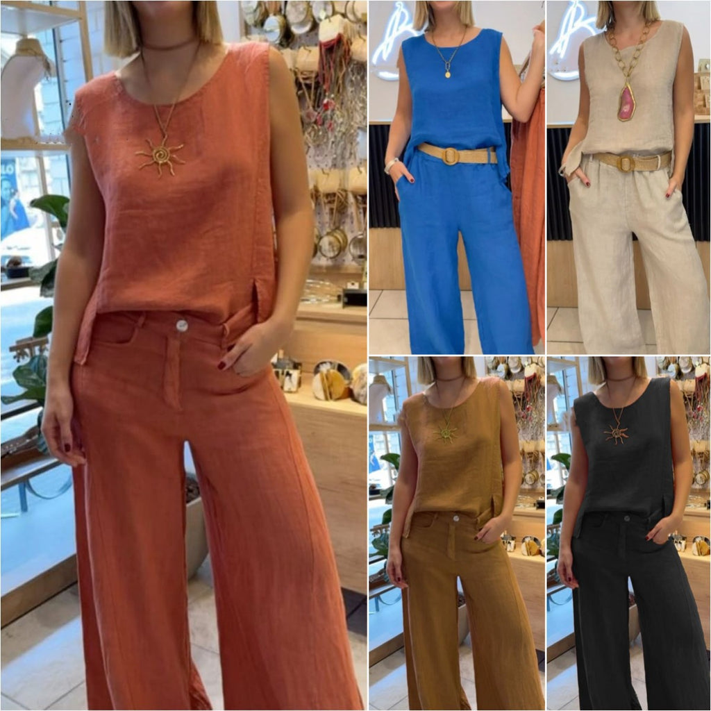 Women's Summer Cotton Linen Solid Color Sleeveless Two-Piece Pantsuit Set teemdrop