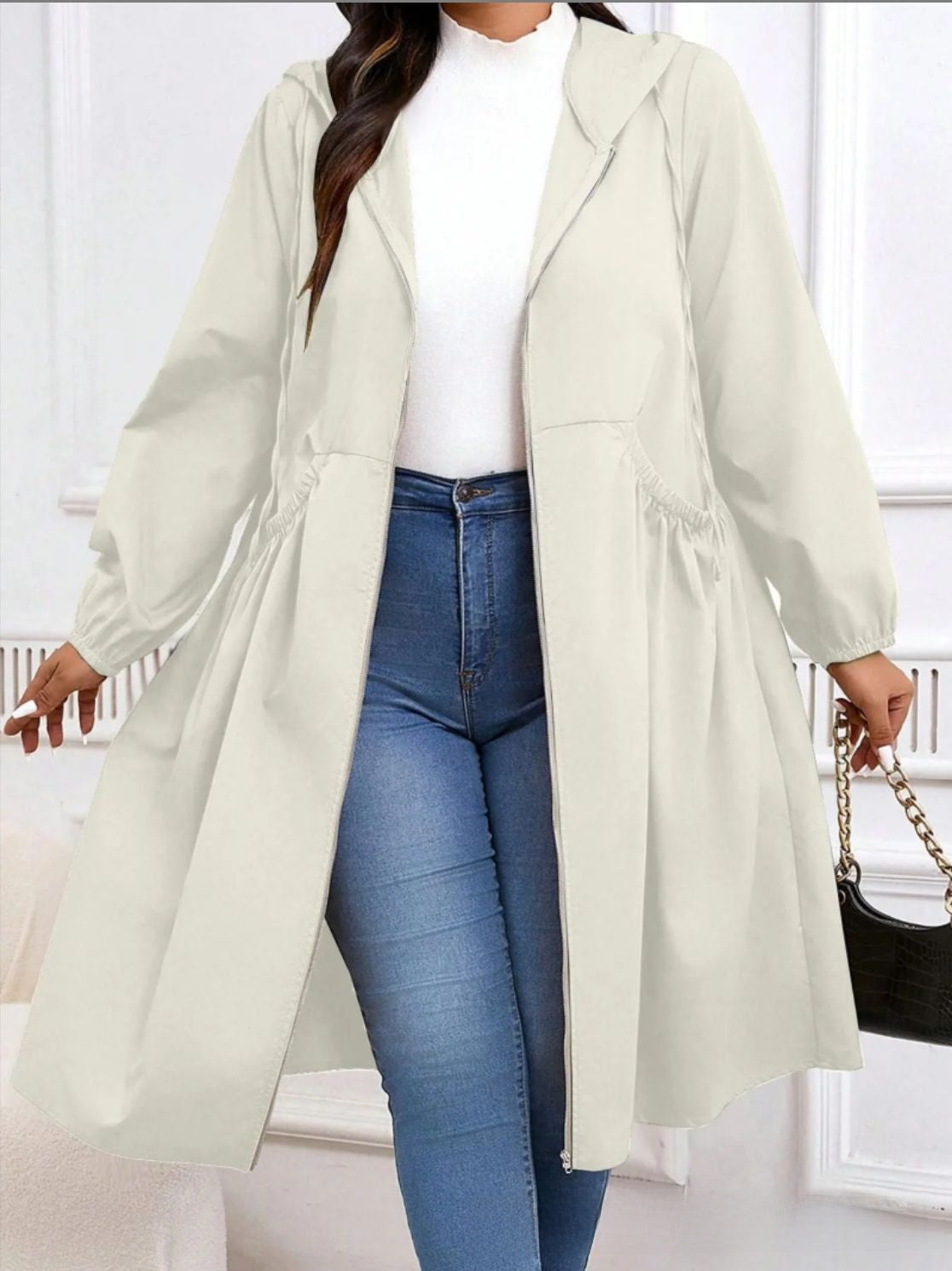 Plus Size Solid Color Pleated Long Sleeve Mid-Length Jacket