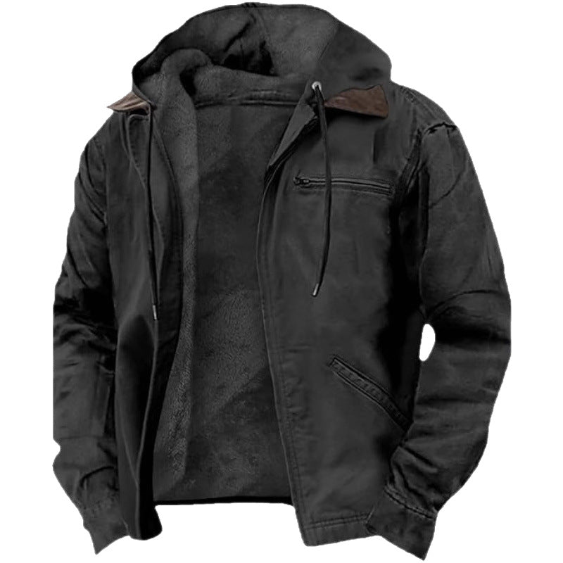 Men's Solid Fleece-Lined Hooded Jacket with Zipper Pocket