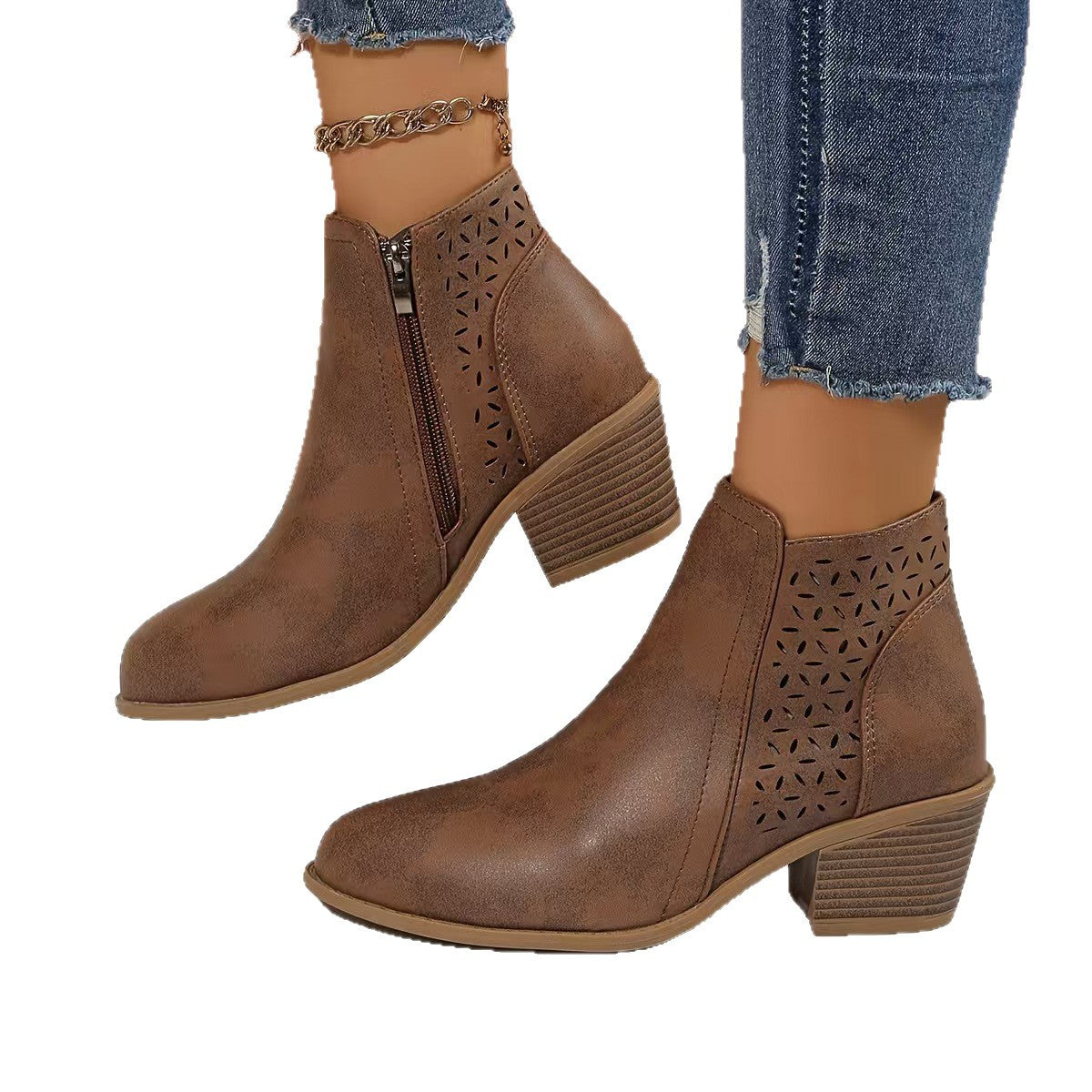 Women's Hollow Pointed Toe Low Heel Chelsea Boots with Side Zipper teemdrop