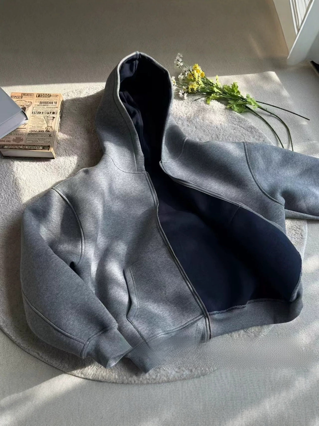 Men's Contrast Color Hoodie Cardigan Loose Casual Jacket Solid Streetwear