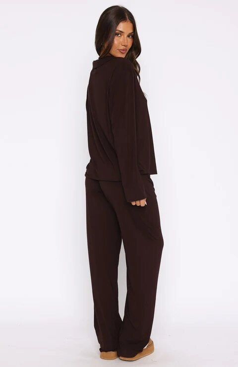 Women Modal Lapel Collar Long Sleeve Sleepwear Set teemdrop