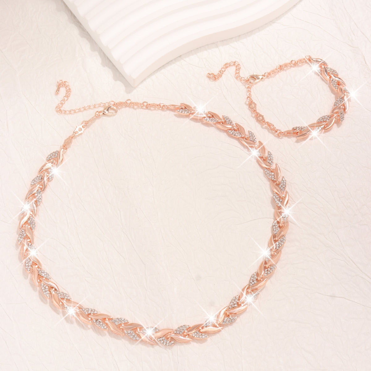 Willow Leaf Diamond Necklace and Bracelet Set, Sparkling Rhinestone Jewelry for Women