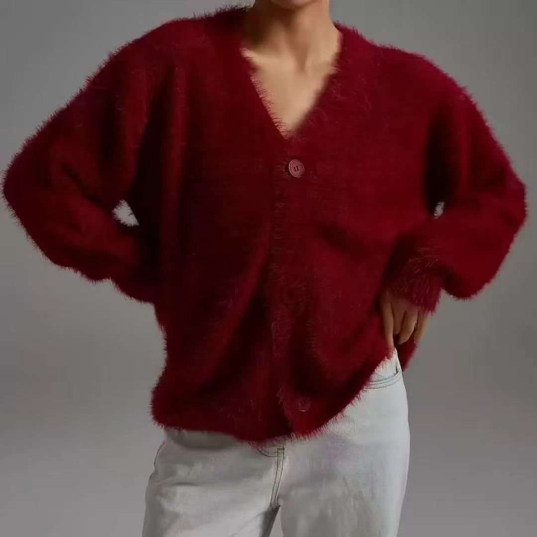 Women's Faux Fur Knitted Cardigan V-Neck Loose Long Sleeve Outerwear teemdrop