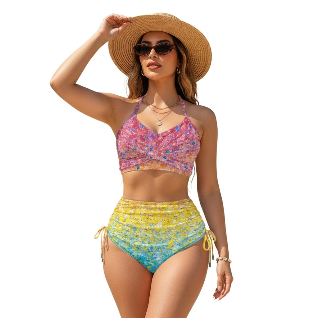 Women Sexy Animal Print High-Waist Drawstring Two-Piece Bikini Swimsuit teemdrop