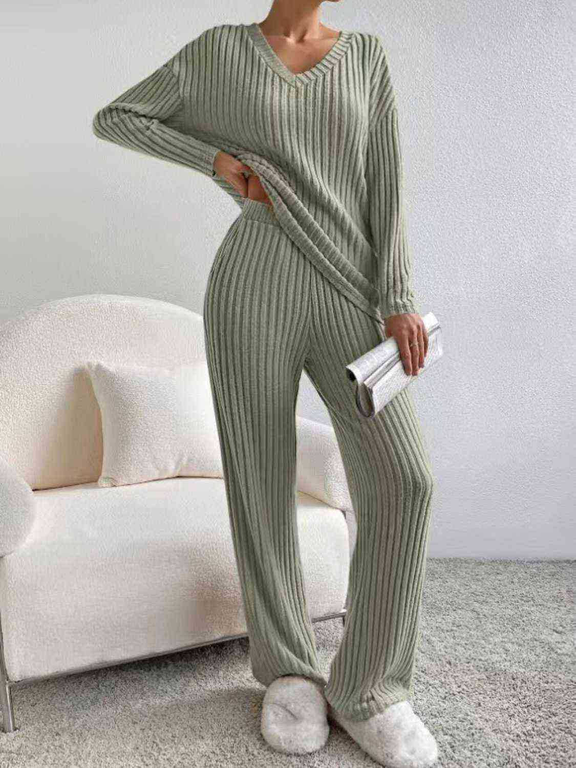 Home Casual Straight Pants Elegant Loose V-neck Pit Two-piece Set