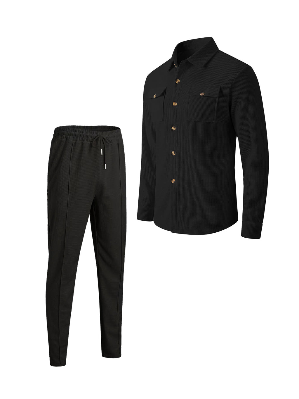Men's Casual Waffle Solid Color Track Suit Long Sleeve Lapel Jacket and Pants Two-Piece Set teemdrop