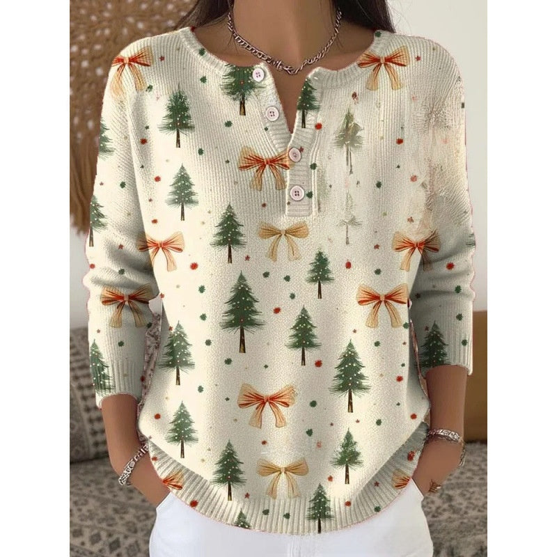 Women Retro Christmas 3D Print Four-Button Stand-Up Collar Long Sleeve T-Shirt teemdrop
