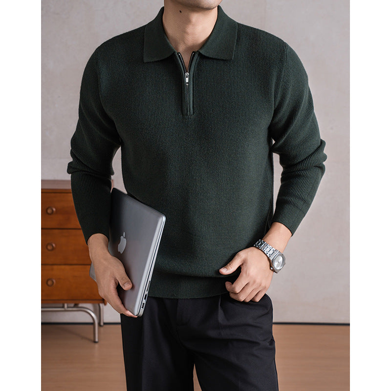 Men's Zippered Sheep Wool Blend Thickened Knit Sweater with Anti-Pilling Feature teemdrop