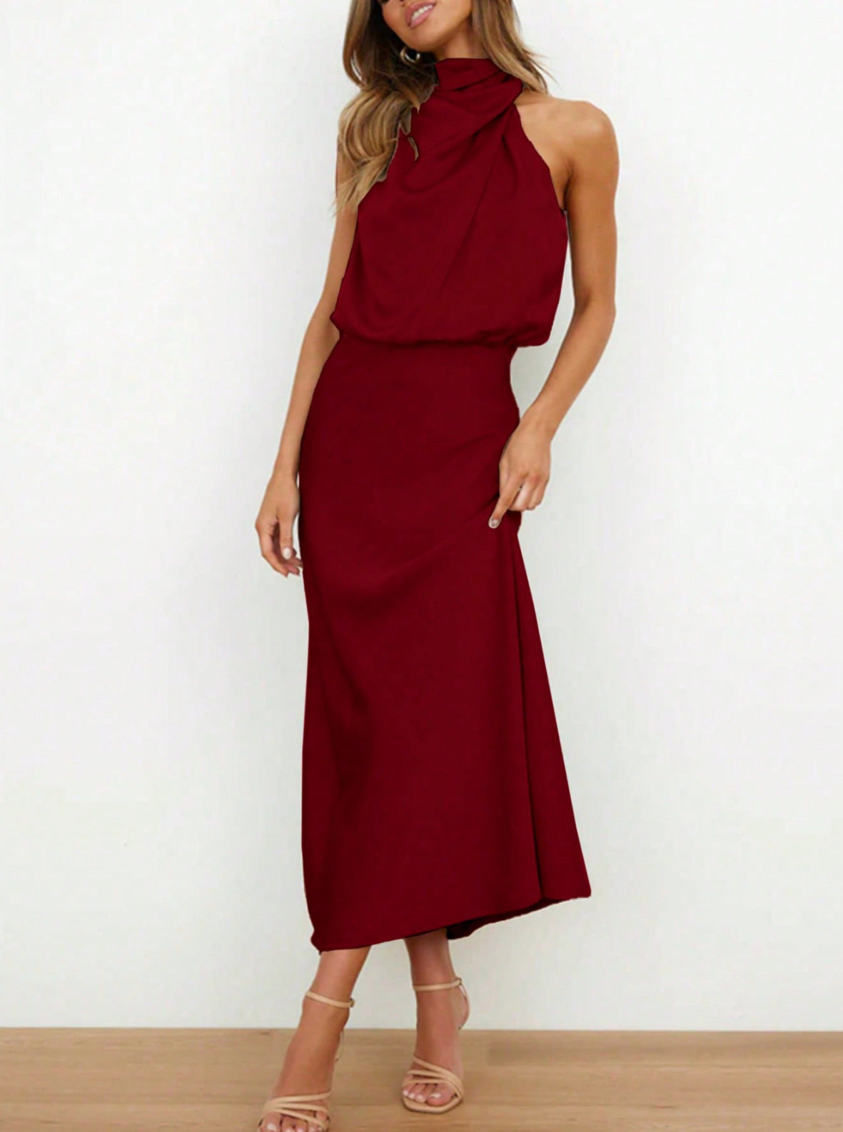 Womens High-End Satin Sleeveless Pleated Midi Dress Mock Neck Evening Gown teemdrop
