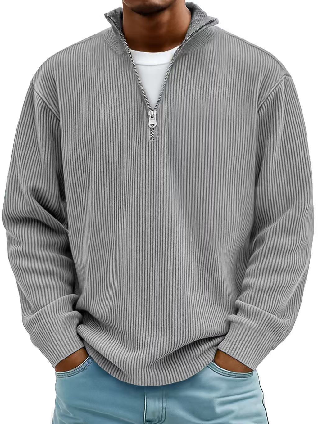 Men's Stand Collar Zipper Corduroy Long Sleeve Polo Shirt teemdrop