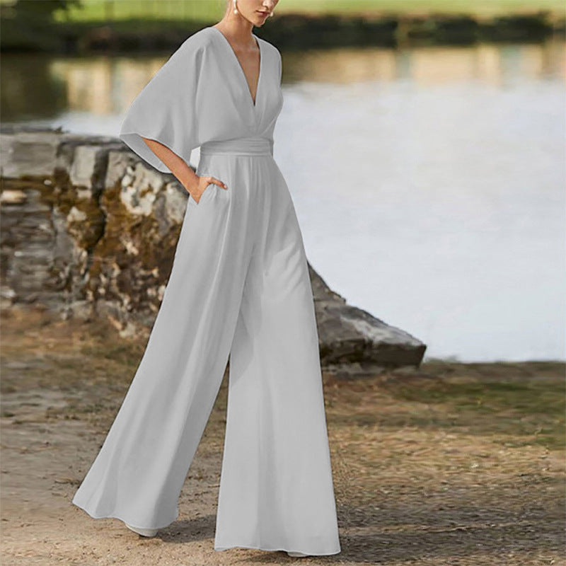 2026 Winter New European and American Foreign Trade Women's Fashion Jumpsuit Amazon Hot-Selling Deep V High-Waisted Wide-Leg Pants