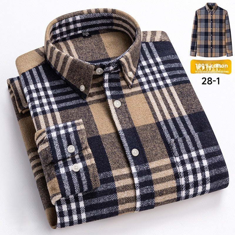 Men's 100% Cotton Thickened Brushed Plaid Long Sleeve Button Down Shirt