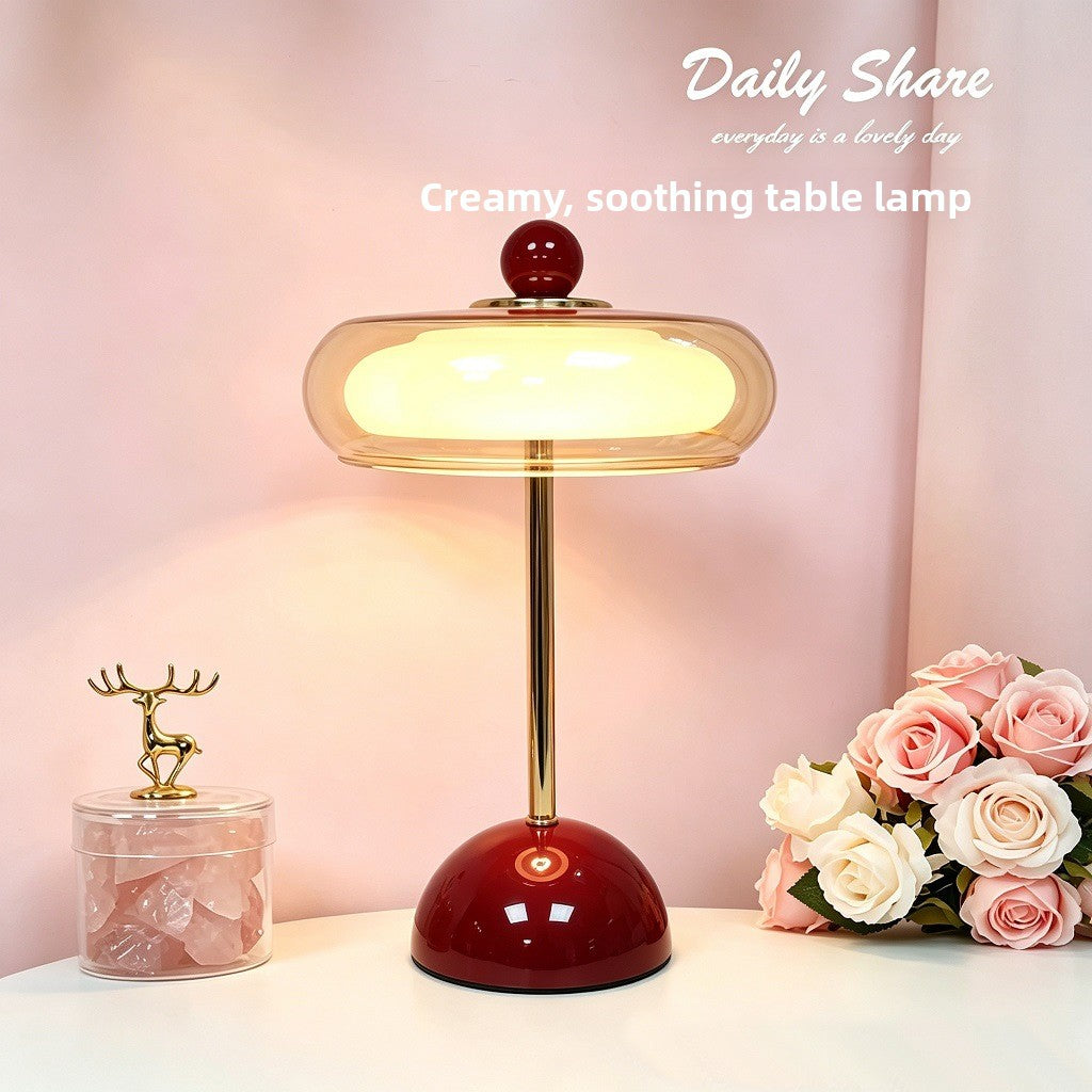 Nordic Cream-Style Rechargeable Table Lamp, Touch Dimming, Metal Base, Bedside Ambient Light