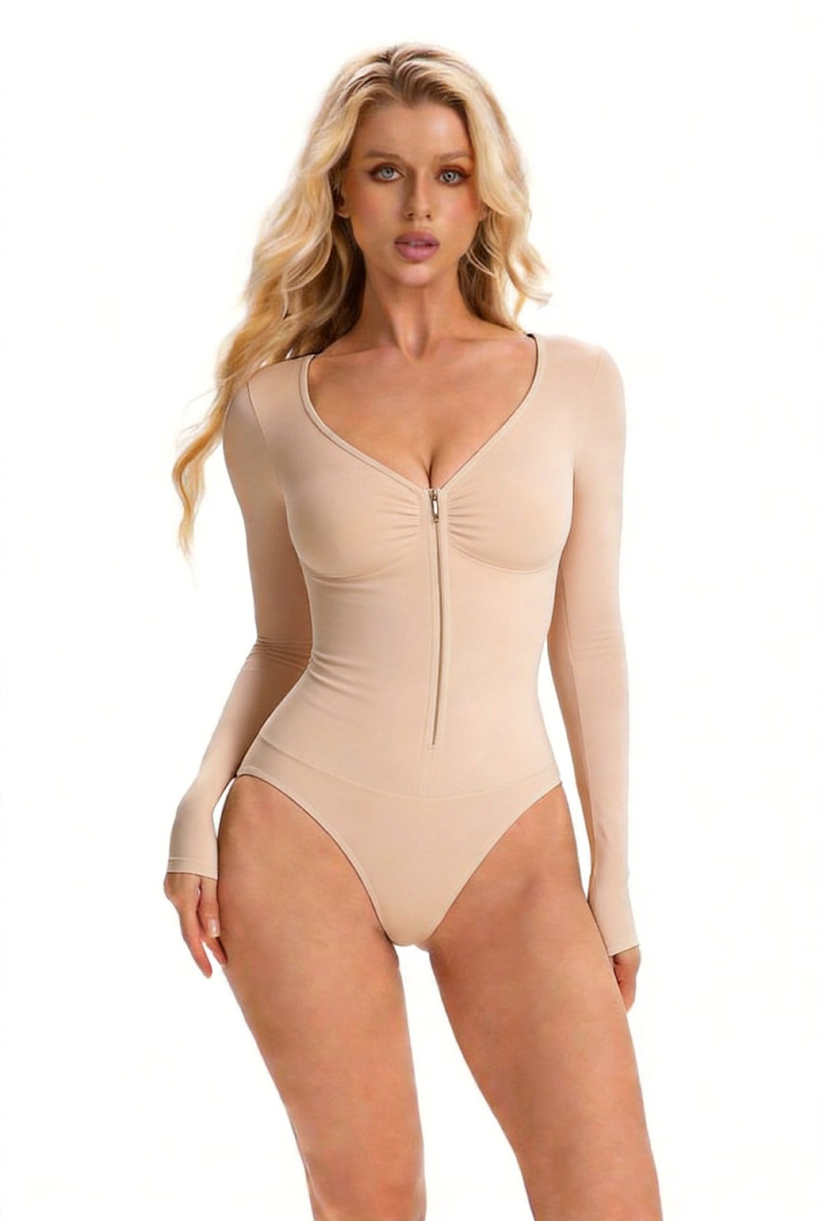 Seamless Zippered V-Neck Long-Sleeve Bodysuit teemdrop