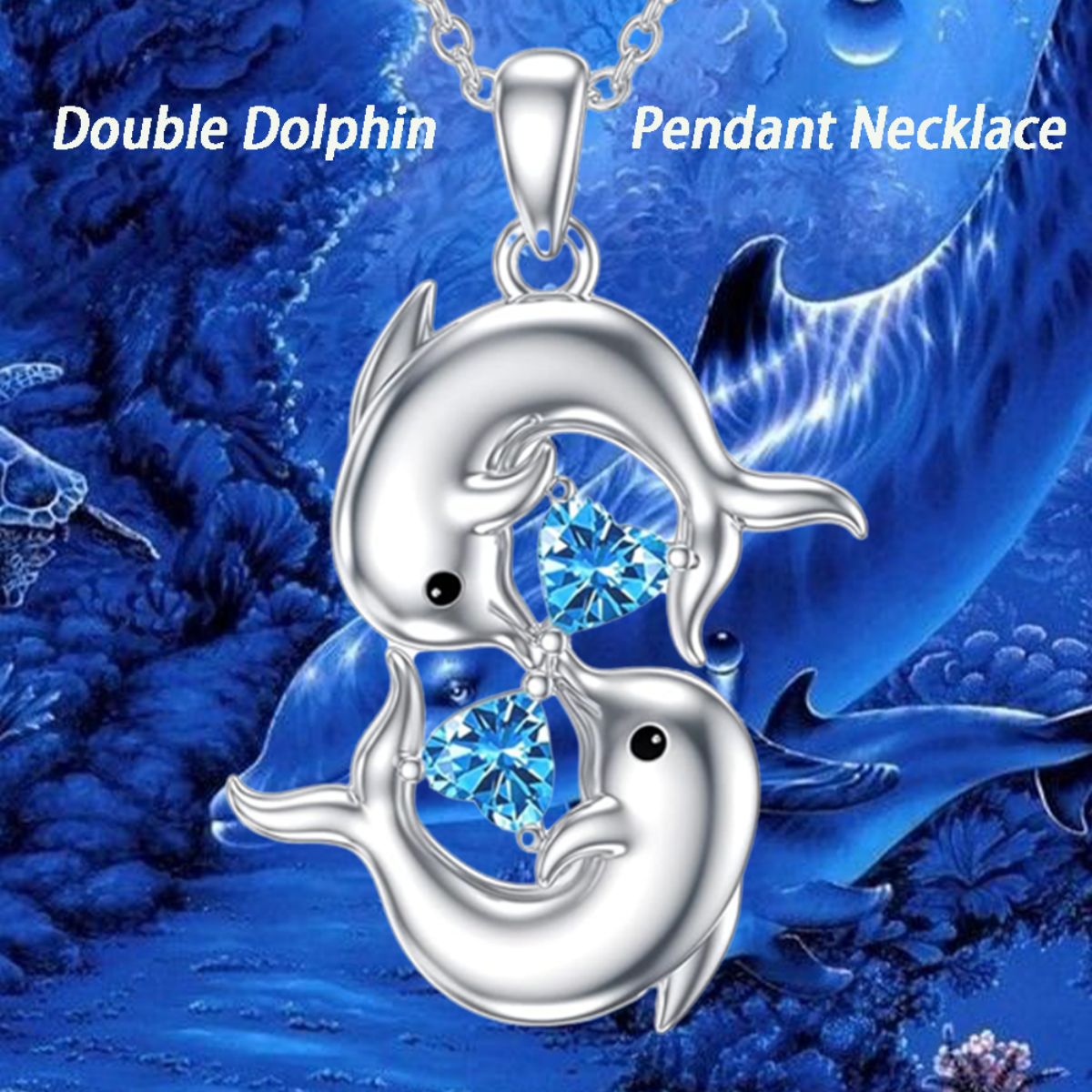Blue Heart Zircon Dolphin Pendant Alloy Necklace teemdrop