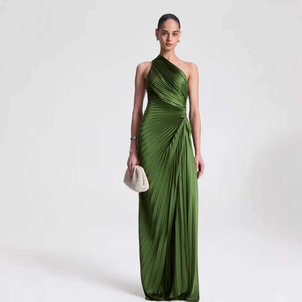 Women's Satin Halter Neck High-Waisted Pleated Long Dress teemdrop