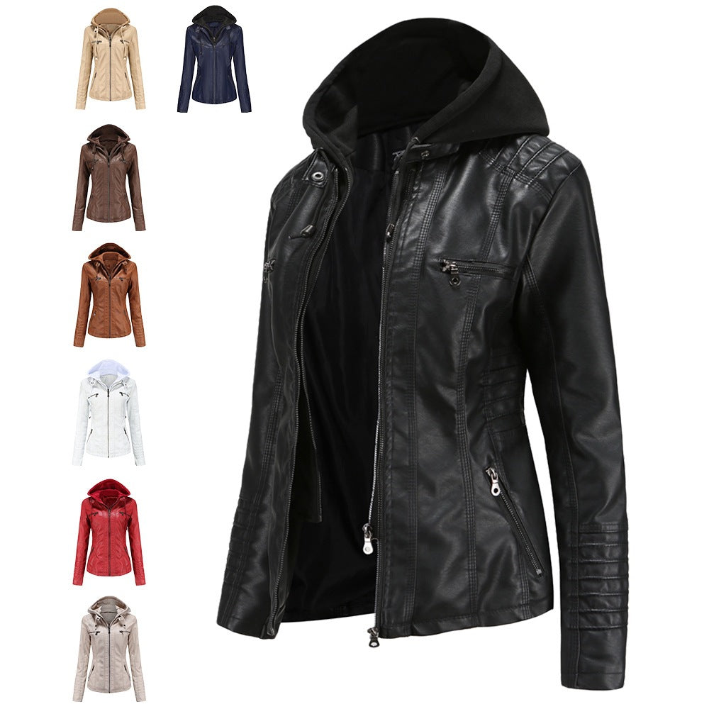 Womens Hooded PU Leather Jacket Two-Piece Set