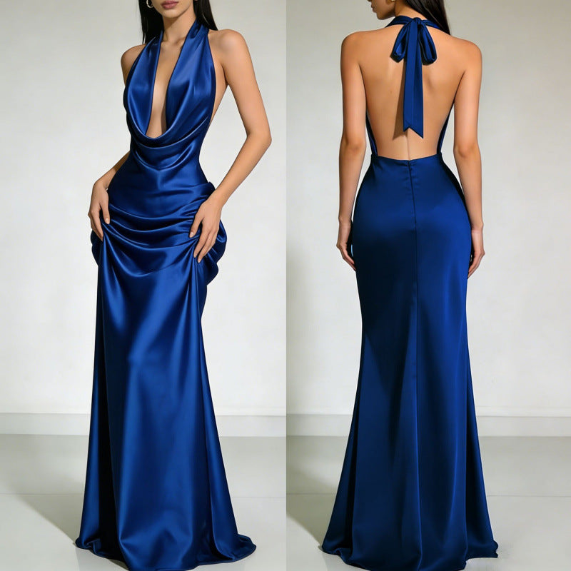 Women's Satin Halter Neck Backless Floor Length Evening Dress teemdrop