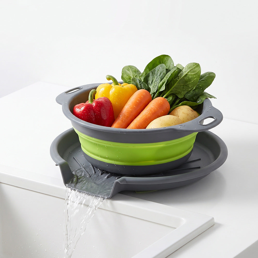 Silicone Collapsible Kitchen Washbasin with Adjustable Base, Dual-Handle Fruit and Vegetable Draining Basket