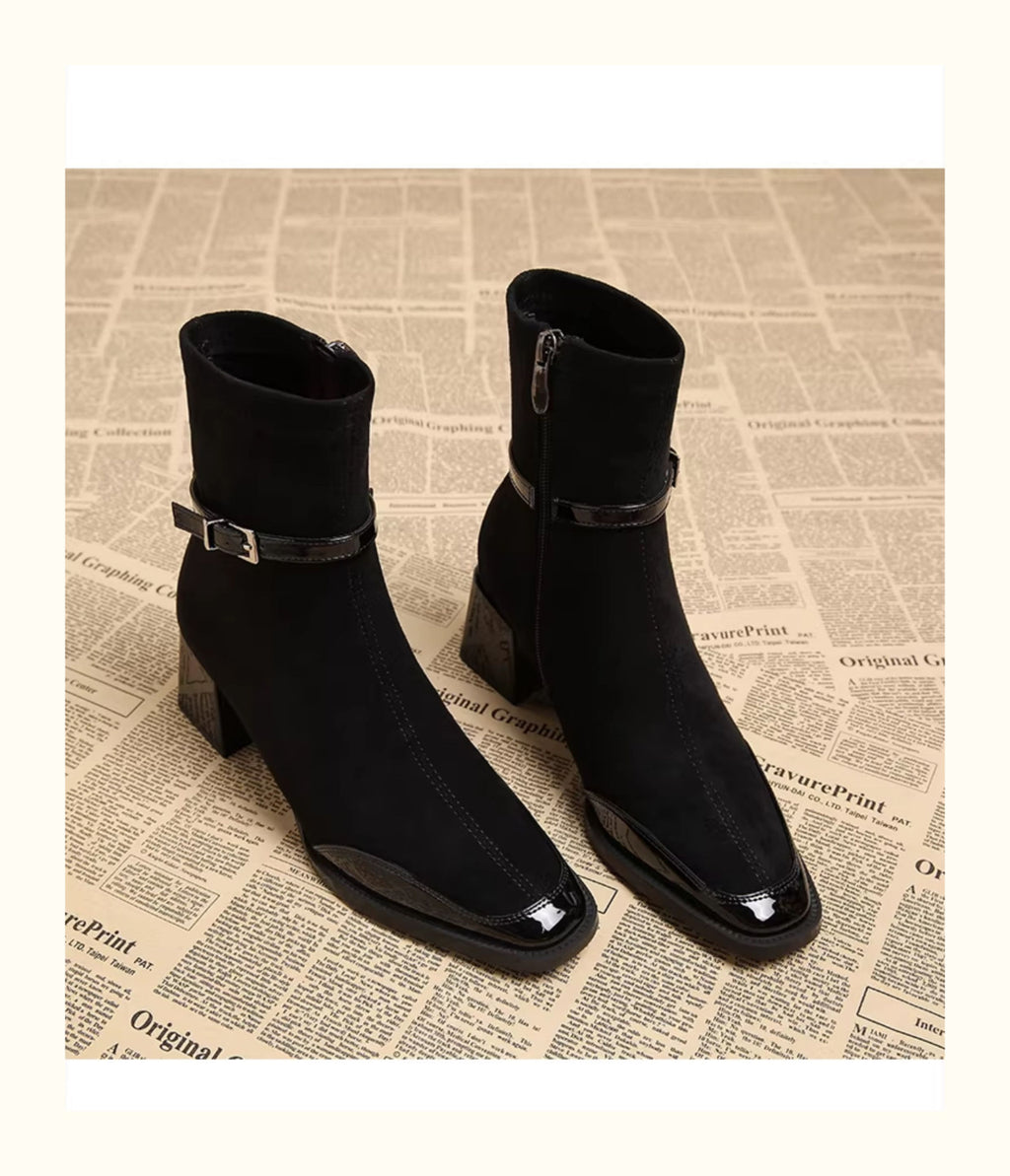 Women Pointed Toe Suede Chunky Heel Ankle Boots Side Zipper Chelsea Boots teemdrop