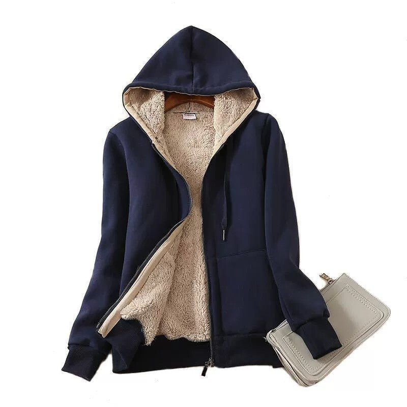 Women's Fleece-Lined Lamb Wool Zip-Up Hooded Cardigan teemdrop