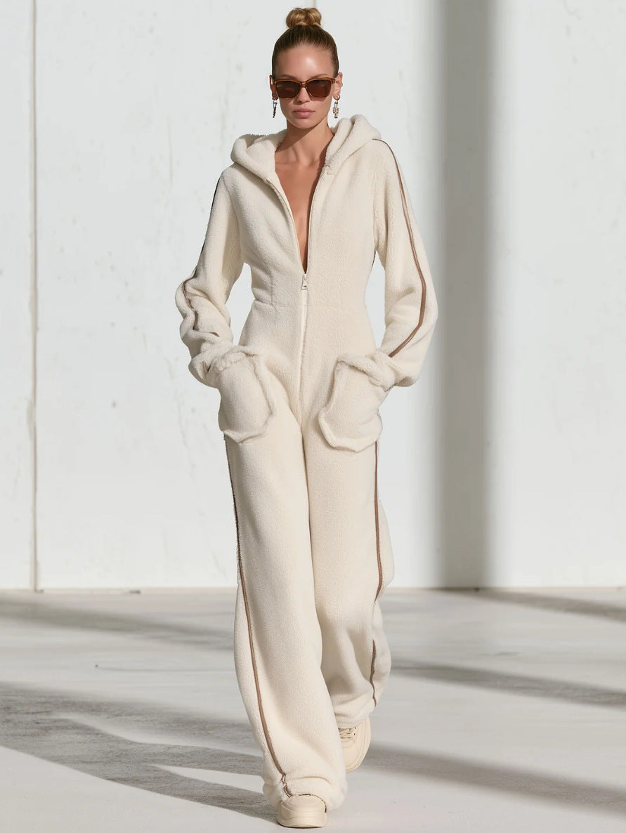 Hooded Zip-Up Faux Shearling Jumpsuit