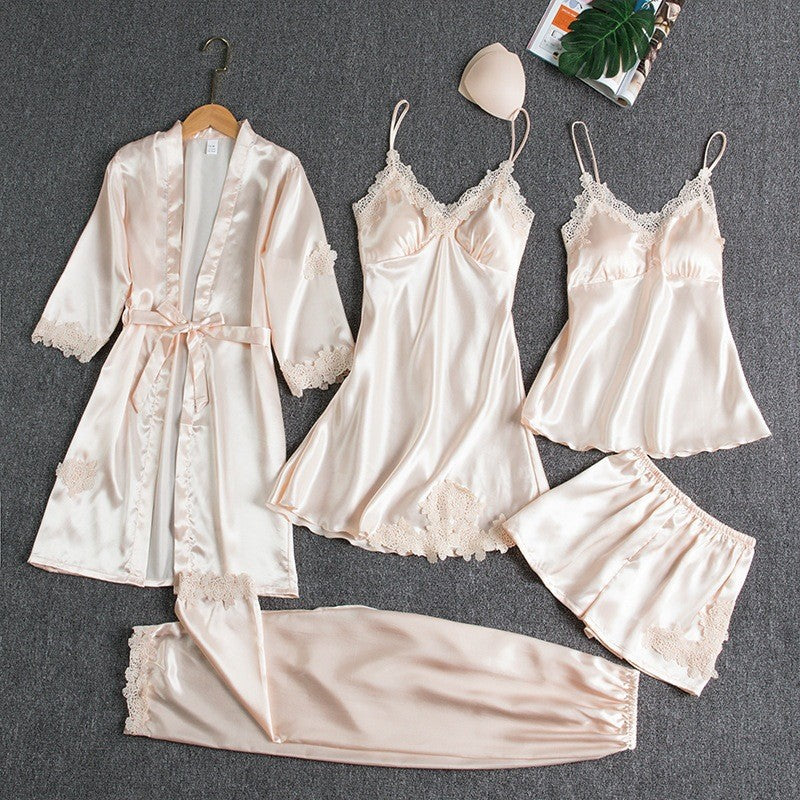 Womens Silk Loungewear V-Neck Five-Piece Pajama Set