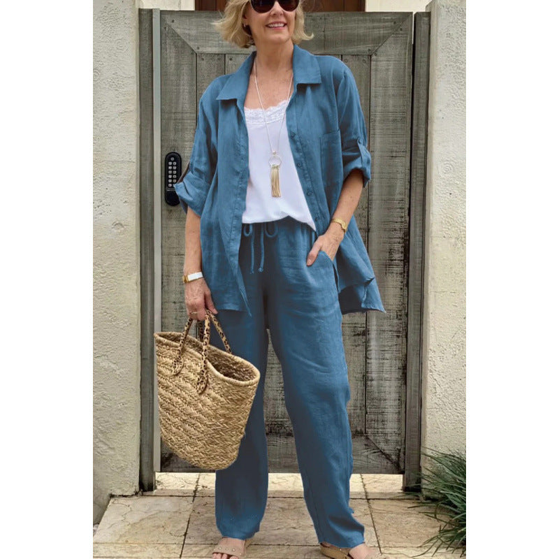 Women's Linen Blend Long Sleeve Shirt Trousers Suit