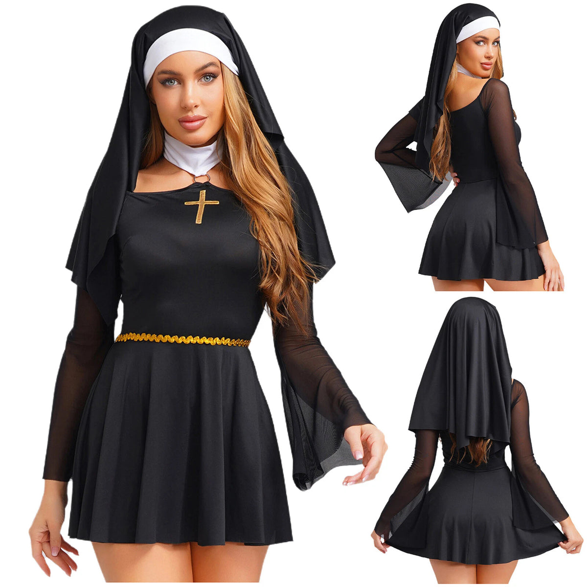 Women's Nun Costume Dress with Headscarf for Halloween Stage Performance