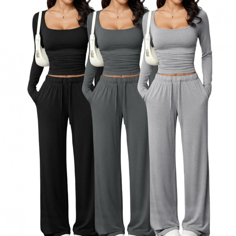Casual Trousers Set Square Collar Long Sleeve Short Top Women Home Wear