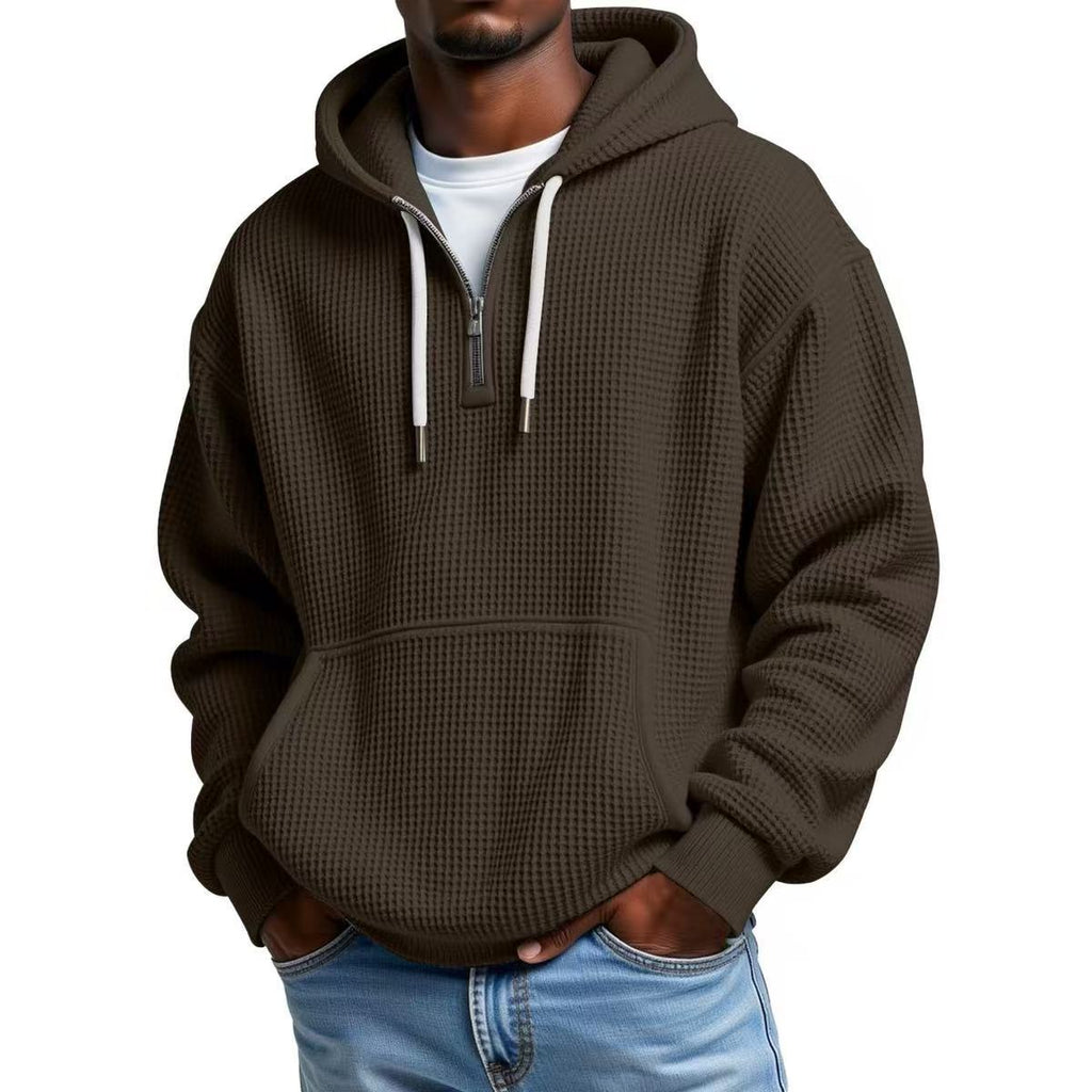 Men?s Heavyweight Waffle Knit Zip-Up Hooded Long Sleeve Loose Fit Casual Sweatshirt teemdrop