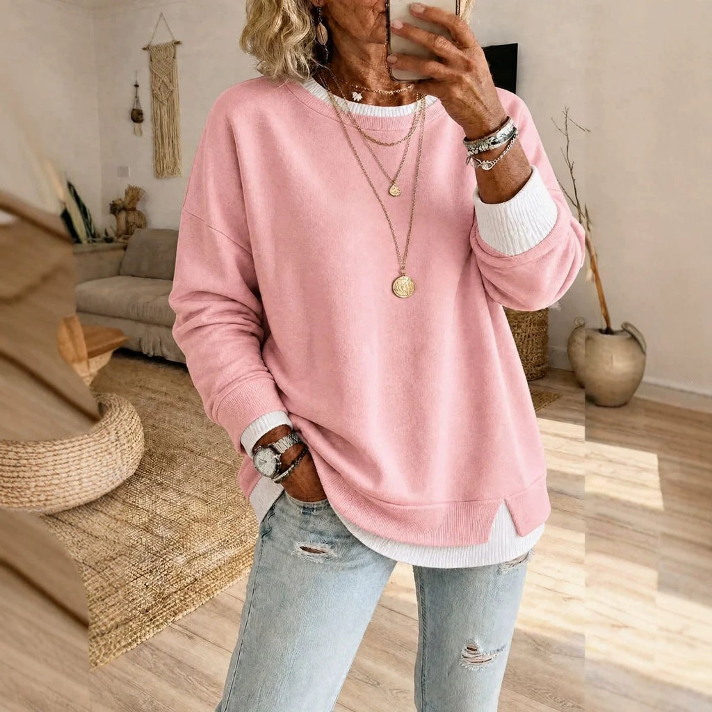 Women's Fake Two-Piece Ribbed Split Hem Round Neck Long Sleeve Pullover teemdrop
