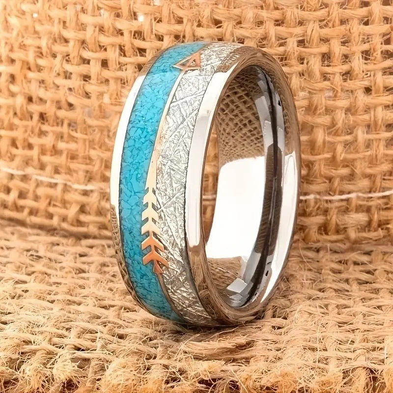 Fashion Unisex Silver Stainless Steel Ring with Gold Arrow Detail