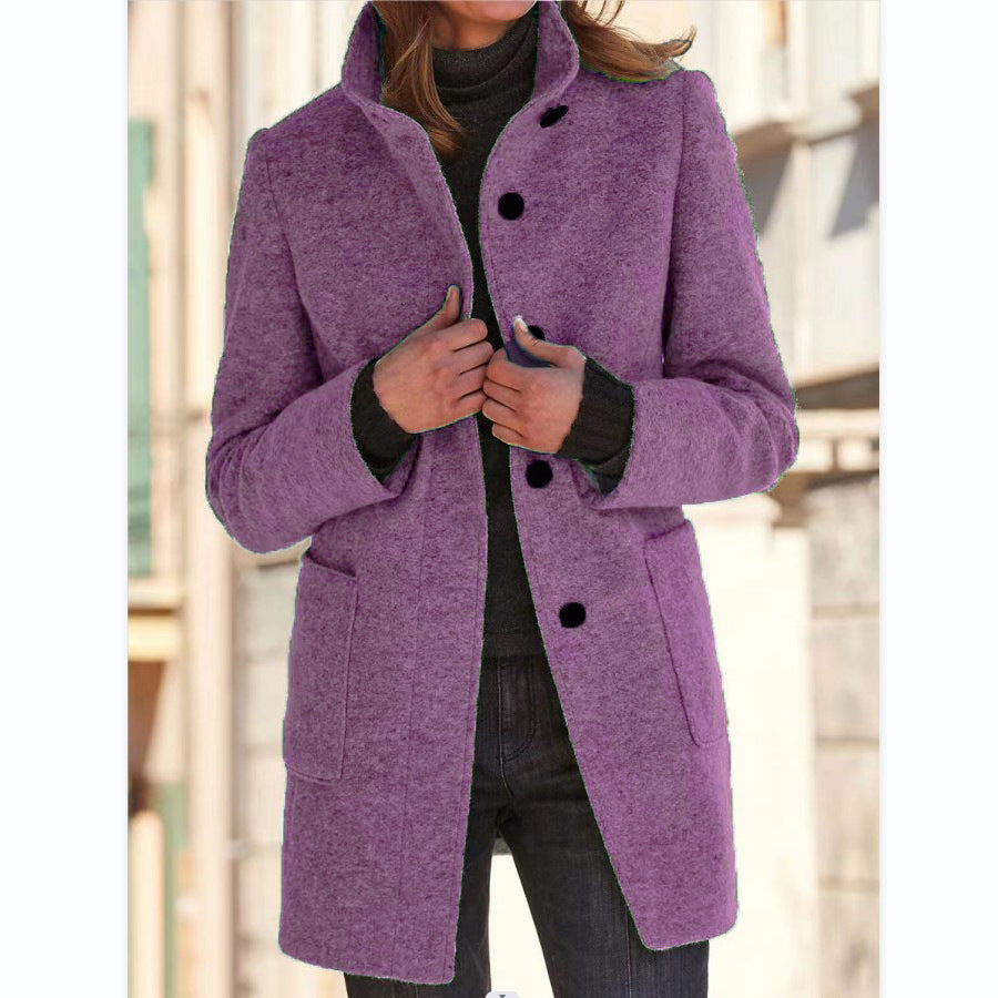 Womens Retro Solid Color Buttoned Stand Collar Coats