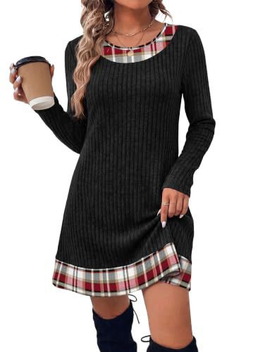 Women's Autumn Winter Plaid Patchwork Bodycon Knitted Sweater Dress teemdrop