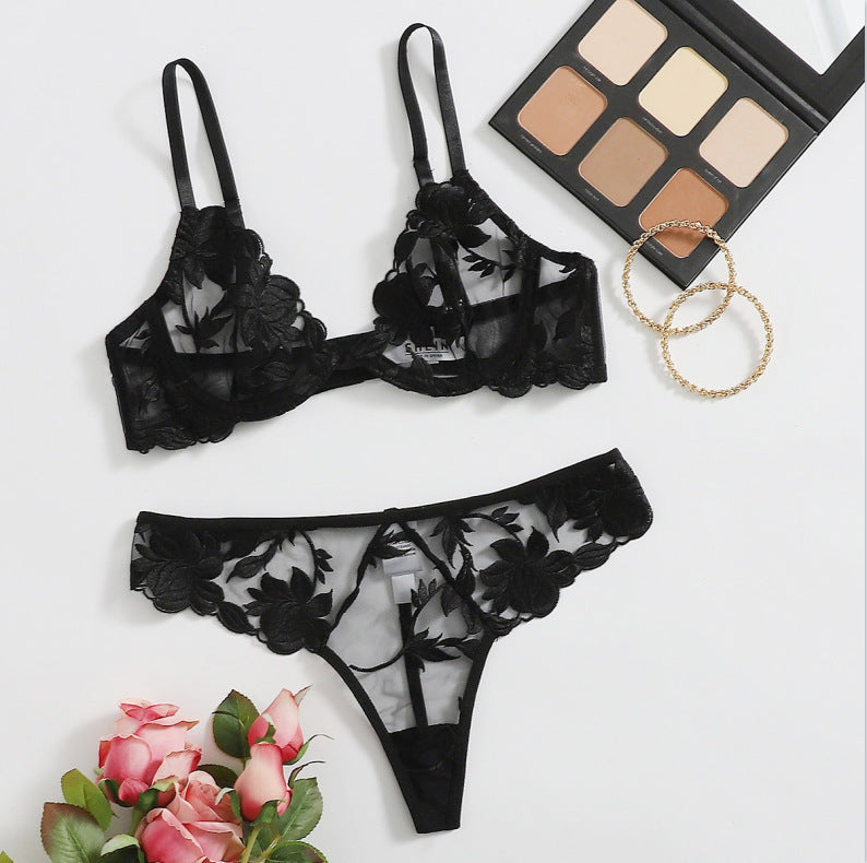 Women's Ultra-Thin Mesh Lace Underwire Lingerie Set teemdrop