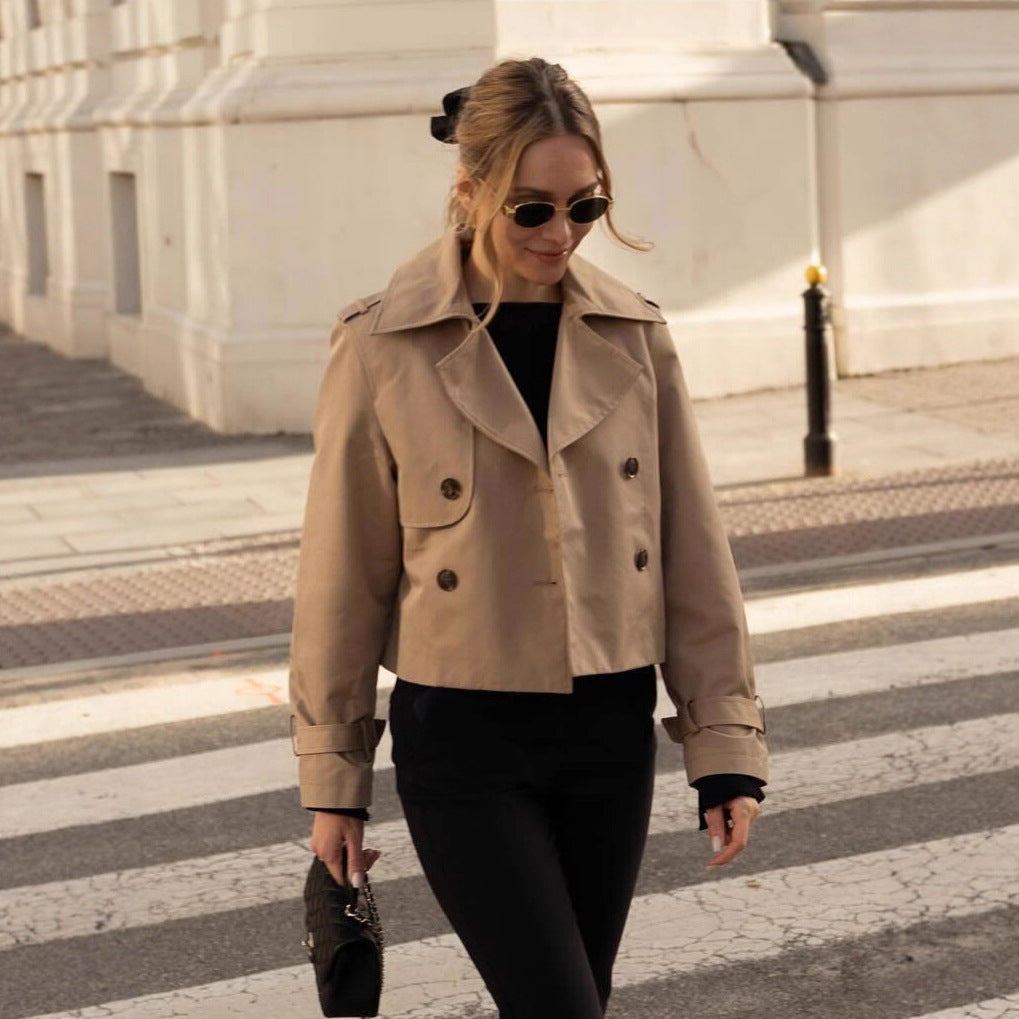 Double-breasted short trench coat teemdrop