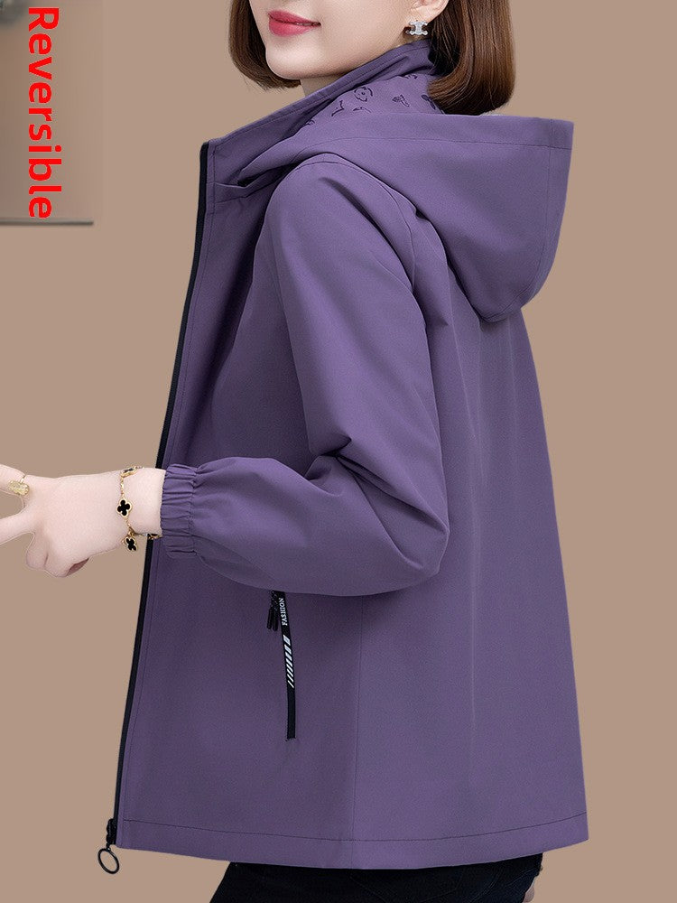 Women Reversible Hooded Long Sleeve Loose Polyester Windbreaker Jacket teemdrop